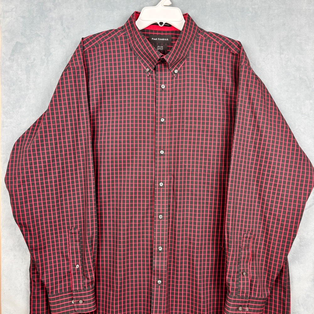Paul Fredrick Mens 18.5 x 36 Red Black Grid Non-Iron Cotton Dress Shirt Classic